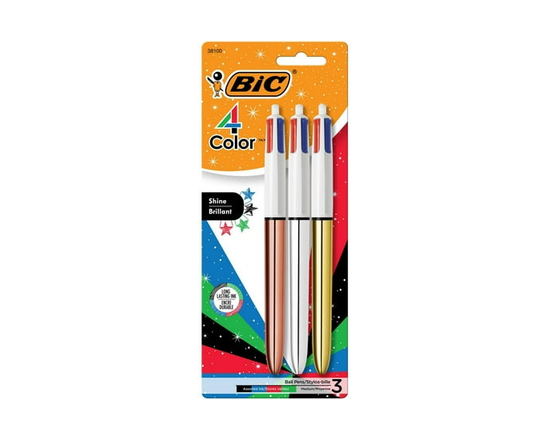 BIC 4-Color Shine Retractable Metallic Ball Pens, Medium Point (1.0 mm), 3-Count Pack, Retractable Ball Pen With Long-Lasting Ink