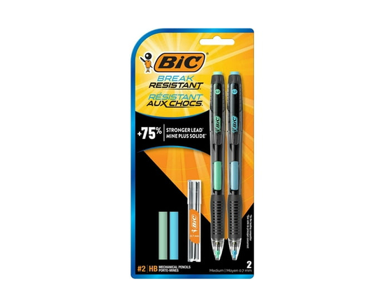 BIC Break Resistant Mechanical Pencils with Erasers, HB Medium Point (0.7 mm), 2-Count Pack of Pencils for School or Office Supplies