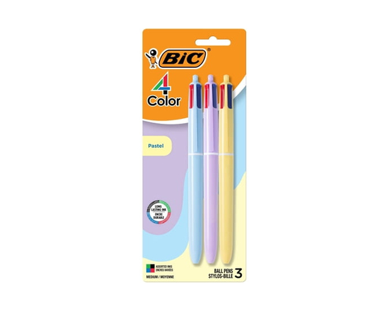 BIC 4 Color Pastel Barrel Ballpoint Pens, Medium Point (1.0 mm), Assorted Classic Ink Colors, pack of 3