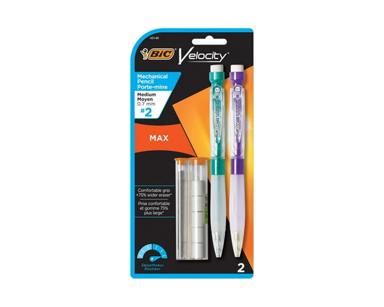 BIC Velocity Max Mechanical Pencil with Large Eraser, #2 Lead, Medium Point (0.7mm), Black, 2-Count