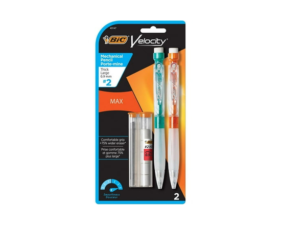 BIC Velocity Max Mechanical Pencil with Large Eraser, HB Lead, Medium Point (0.9mm), Black, 2-Count
