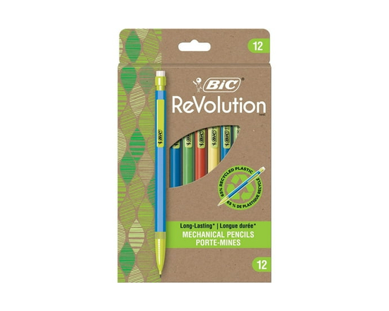 BIC Ecolutions porte-mine rétractable HB, plastique recyclé à 81&nbsp;%, pointe moyenne (0,7&nbsp;mm), emballage recyclé à 100&nbsp;%, paquet de 12