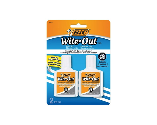 BIC Wite-Out Quick Dry Correction Fluid, 22 mL, White, Goes on Easy with A Reduced Dry Time, 2-Count Pack