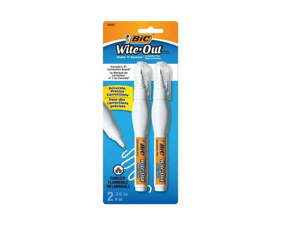 Stylo correcteur BIC Wite-Out Shake ‘n Squeeze, correcteur liquide de 8 ml, paquet de 2 stylos correcteurs blancs, stylo rapide, propre et facile à ut