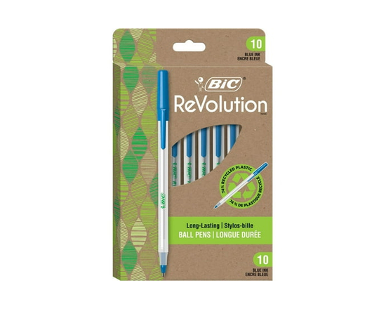 BIC ReVolution Round Stic Ball Pen, Medium Point (1.0 mm), 74% Recycled, 100% Recycled Packaging, Blue, 10-Count