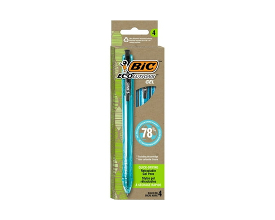 BIC Ecolutions Ocean-Bound Plastic Gel Pens, Medium Point (1.0mm), 4-Count Pack, Retractable Black Ink Pens Made from 78% Ocean-Bound Recycled Plastic