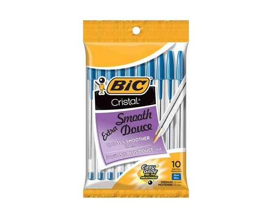 BIC Cristal Extra Smooth Ballpoint Pens, Medium Point (1.0 mm), Assorted Colours, 10-Count Pack, Extra Smooth and Reliable Ballpoint Pens - 10 Count (