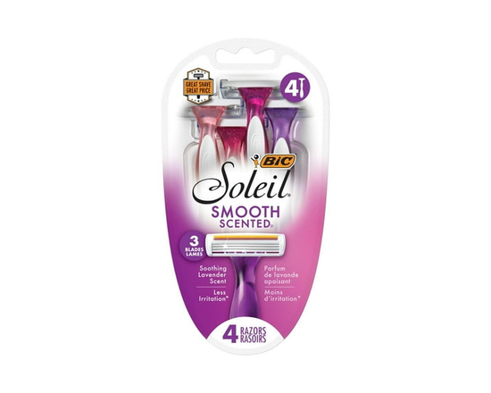 BIC Soleil Smooth Scented Women’s Disposable Razor, 3 Blades with a Moisture Strip For a Silky Shave, Assorted, 4 Piece Razor Set