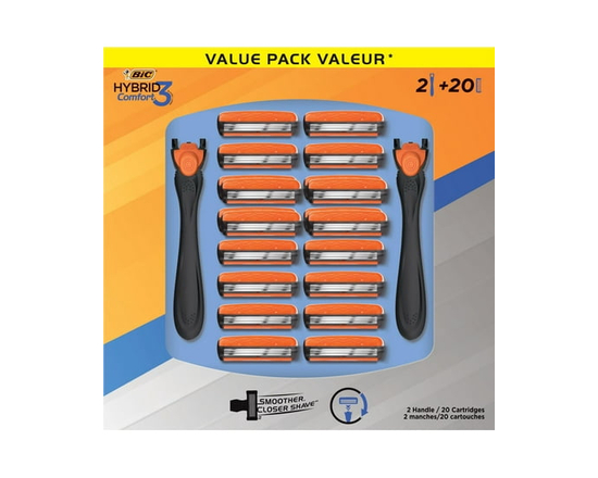 BIC Comfort 3 Hybrid Rasoir Jetable Rechargeable pour Hommes, Lames de Rasoir à 3 Lames, 2 Manches et 20 Cartouches, pour un Rasage Confortable