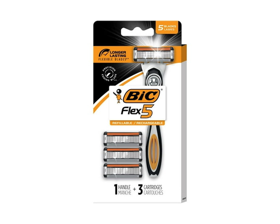 BIC Flex 5 Refillable Razors for Men, Long-Lasting 5 Blade Razors for a Smooth and Comfortable Shave, 1 Handle and 3 Cartridges, 4 Piece Shaving Kit