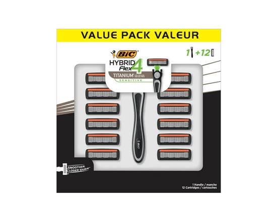 BIC® Flex 4 Hybrid™ Disposable Men's Razor, 4-Blade, 1 handle and 12 Cartridges, Pivoting Head and Lubricated Strip for a Smooth Shave