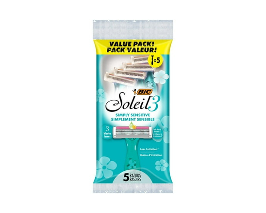 BIC Soleil simplement sensible, le rasoir jetable pour femmes avec 3 lames, bande hydratante apaisante, 5-paquet