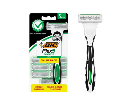 BIC Flex 5 Sensitive Men's Refillable Manual 5-Blade Razors, Comfortable Shave, 1 Handle and 7 Cartridges