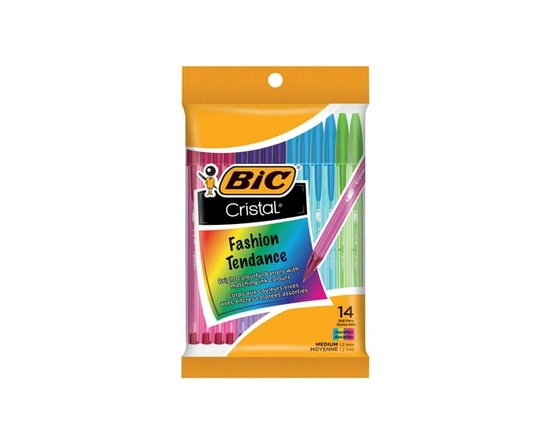 BIC Cristal Fashion Ballpoint Pen, Medium Point (1.2 mm), With Tungsten Carbide Ball For Smooth Flow, Assorted Colours, 14 Count