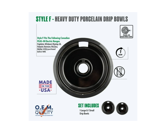 Range Kleen 1957 Style F Heavy Duty Black Porcelain Drip Bowls, 1 Small and 1 Large