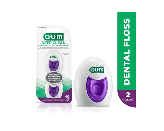 GUM® Deep Clean Expanding Waxed Dental String Floss, Expands for Plaque Removal, Unflavoured, 2X40M