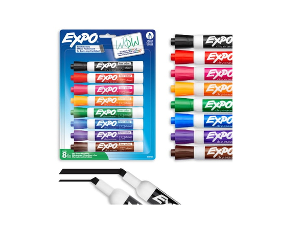 Marqueurs effaçables à sec EXPO, encre à faible odeur, couleurs variées, pointe biseautée, 8 unités
