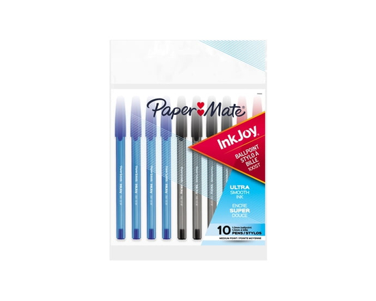 Paper Mate InkJoy 100ST Ballpoint Pens, Medium Point (1.0 mm), Blue Ink, 10 Count (Black, Blue, Red)