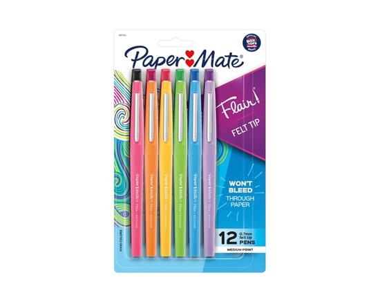 Paper Mate Flair Felt Tip Pens, Medium Point (0.7 mm), Assorted Colours, 12 Count