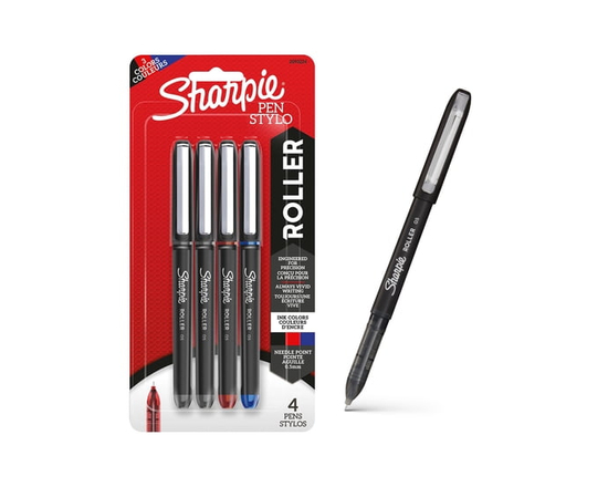 Stylo à bille roulante Sharpie, stylo de précision à pointe d’aiguille (0,5&nbsp;mm), encre noire, 2&nbsp;unités - 1 Compte (lot de 4) (Noir, bleu, ro