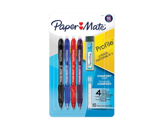 Paper Mate Profile Mech Mechanical Pencil Set, 0.7 mm #2 Pencil Lead, Includes Lead and Eraser Refills, Assorted Barrel Colours, 4 Count