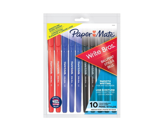 Stylos-bille Paper Mate Write Bros, encres assorties, pointe moyenne (1,0 mm), 10 unités