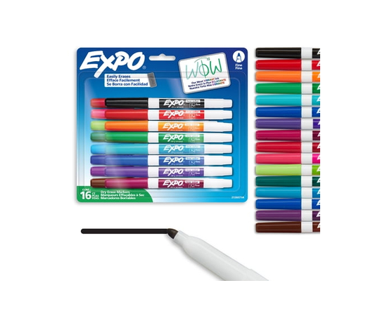 EXPO Dry Erase Markers, Low Odour Ink, Fine Tip, Assorted Colours, 16 Count