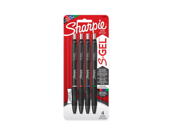 Stylos gel Sharpie S-Gel, pointe moyenne (0,7 mm), couleurs assorties, paquet de 4