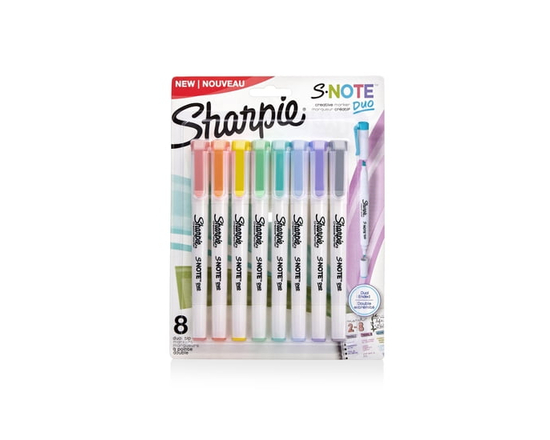 Marqueurs créatifs Sharpie S-Note Duo à deux pointes, partie surligneur, partie outil artistique, 8 couleurs assorties, pointe fine et pointe biseauté