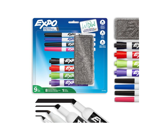 Ensemble de marqueurs effaçables à sec EXPO, marqueurs à pointe fine et biseautée, couleurs variées, efface, 9&nbsp;unités