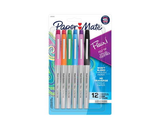 Paper Mate Flair Felt Tip Pens, Ultra Fine Point (0.4 mm), Assorted Colours, 12 Count