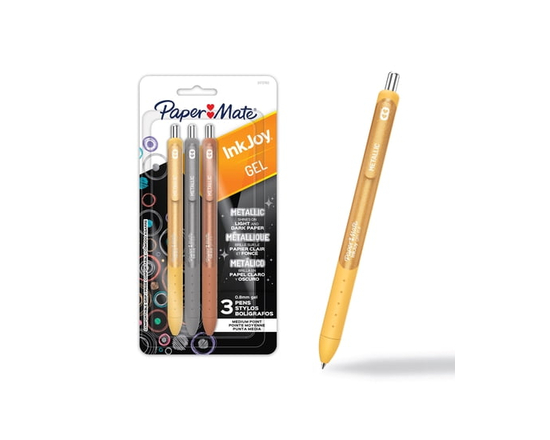 Stylos gel InkJoy de Paper Mate, stylos métalliques, rétractables, pointe moyenne (0,8 mm), couleurs assorties, 3 unités (Or, argent, bronze