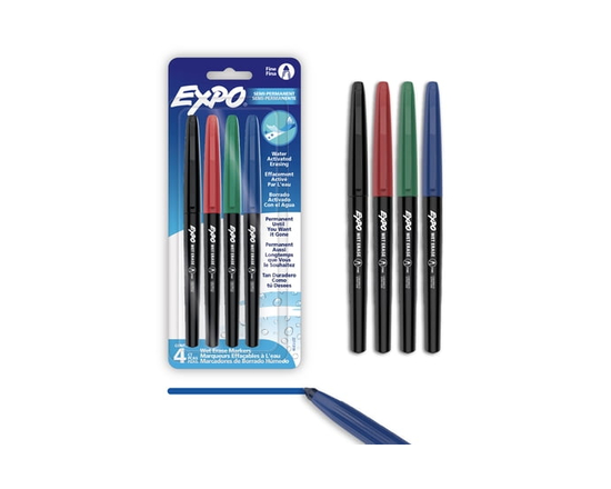 EXPO Wet Erase Markers, Semi-Permanent Markers, Assorted, Fine Tip, 4 Count