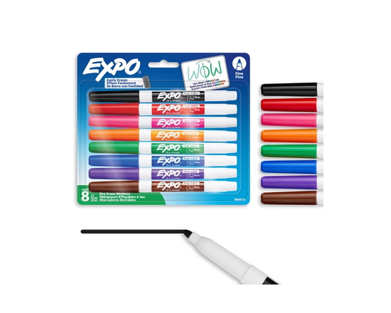 Marqueurs effaçables à sec EXPO, encre à faible odeur, couleurs variées, pointe fine, 8 unités