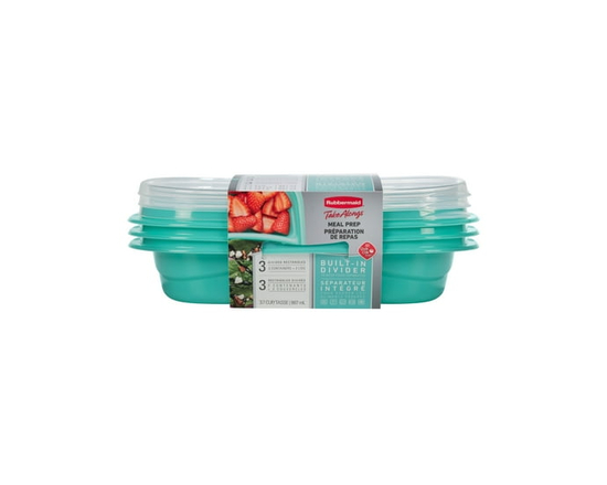 Rubbermaid TakeAlongs Divided Meal Prep Containers, 887 mL (3.7 Cup), Colour May Vary (Blue or Teal), 3 Pack