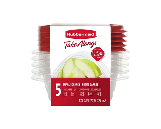 Rubbermaid TakeAlongs Square Food Storage Containers, 298 mL (1.26 Cup), Ruby Red, 5 Pack