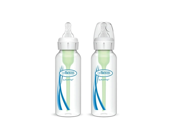 Dr. Brown's Natural Flow Anti-Colic Options+ Narrow Baby Bottles with Level 1 Slow Flow Nipples, 0m+, 2 x 8oz Bottles
