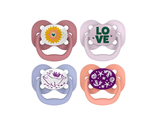 Dr. Brown's Advantage 100% Silicone, Glow in the Dark Pacifier Sunset Blue Ocean 0-6M, 4 pack (Pink)