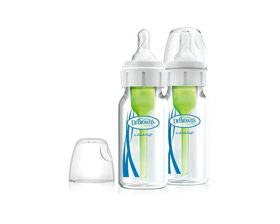 Dr. Brown's Natural Flow Anti-Colic Options+ Narrow Glass Baby Bottles with Level 1 Slow Flow Nipple, 0m+, 2x4oz Glass Bottles