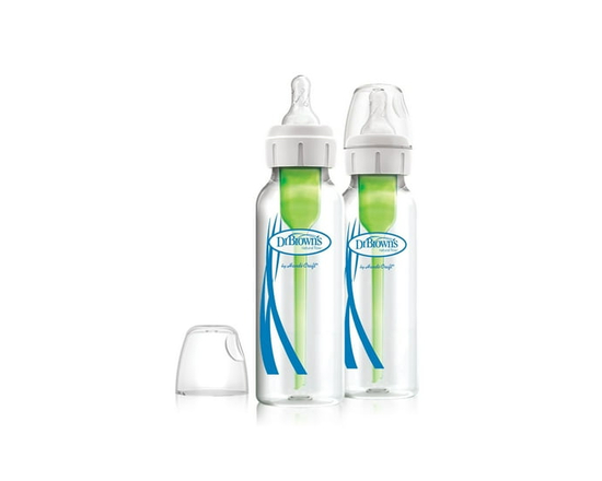 Dr. Brown's Natural Flow Anti-Colic Options+ Narrow Glass Baby Bottles with Level 1 Slow Flow Nipple, 0m+, 2 x 8oz Glass Bottles
