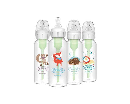 Dr. Brown's Anti-Colic Options+ Narrow Baby Bottles, Level 1 Slow Flow, Moose / Beaver, 0m+, 4 x 8oz Bottles (Multi)