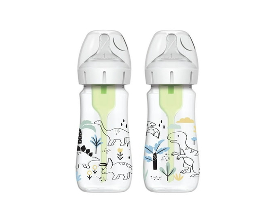 Dr. Brown's Natural Flow Anti-Colic Options+ Wide-Neck Baby Bottle Designer Edition Bottles, Dino Decos, 2x9oz Bottles, Level 1 Nipple