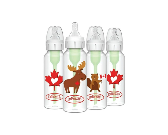 Dr. Brown's Biberons pour Bébé Étroits Options+ Anti-Coliques, Débit Lent Niveau 1, Orignal / Castor, 0m+, 4x8oz Biberons (Multicolore- Canada)