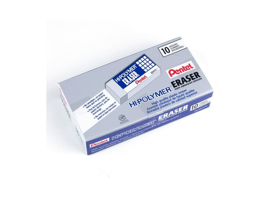 Pentel Hi-Polymer, High Quality Rubber Large White Block Eraser Box of 10