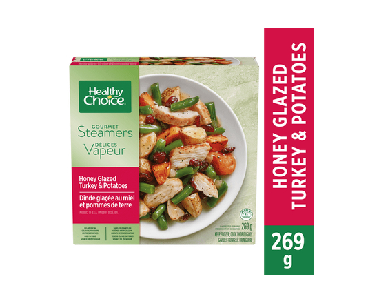 Dinde glacée au miel et pommes de terre Healthy Choice Gourmet Steamers, Morceaux de dinde dans un glacé au miel et au poivre avec haricots verts, pom