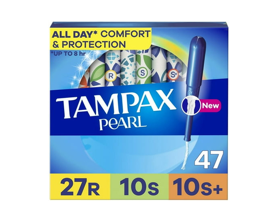 Tampax Pearl Tampons Multipack, with LeakGuard Braid, Regular/Super/Super Plus Absorbency, Unscented - 47ct