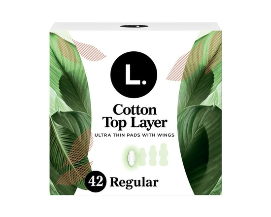 L. Serviettes Ultra-Minces pour Femmes, Voile Supérieur en Coton Biologique, Absorption Régulière, Serviettes Hygiéniques avec Ailes - Régulier