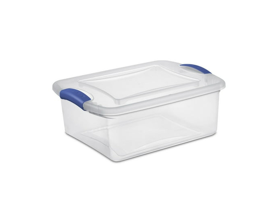 Sterilite 14 Liter Latch Box, Small Clear Plastic Storage Bin with Lid, Blue Latch - 16.5" x 13" x 6.625"