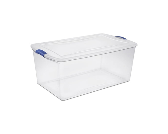 Sterilite 99 Liter Latch Box, Clear Plastic Storage Bin with Lid, Blue Latch - 32 1/8" x 19 1/8" x 13 3/4"