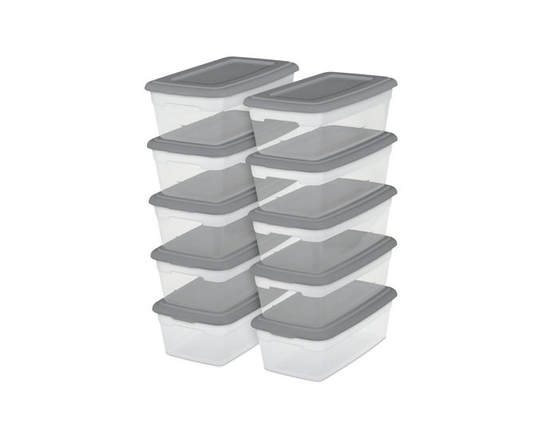 Sterilite Set of (4) 11.4 Liter Storage Box, Clear Plastic Storage Bins, Snap-on Lid, Grey - 5.7 L